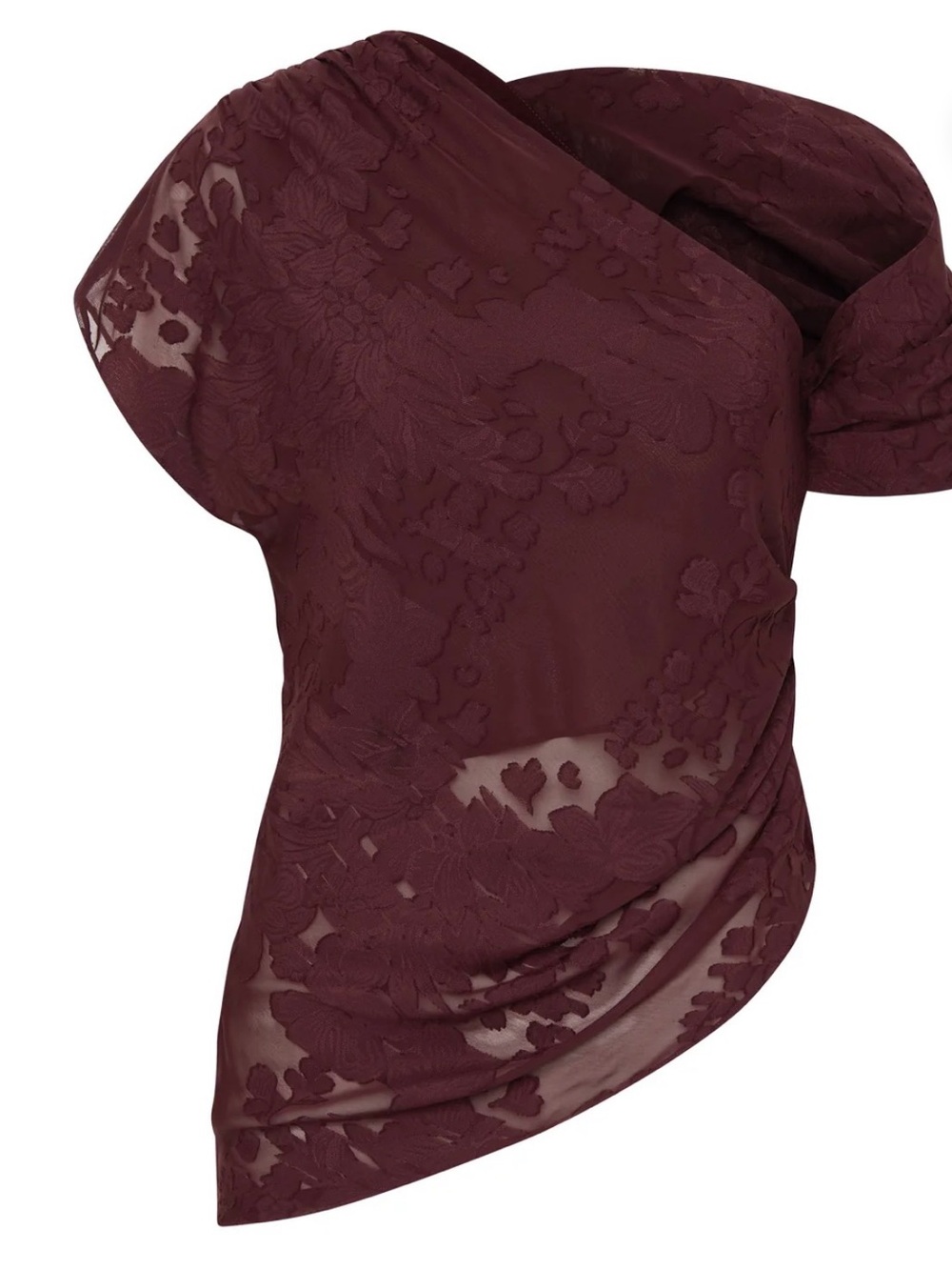 One-Shoulder Floral Lace Tunic Top in Burgundy